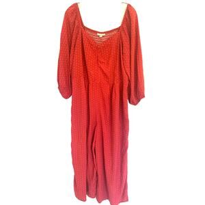 Knox Rose Jumpsuit XL Red Long Smocked Back Ditzy Print Prairie Boho Cottage